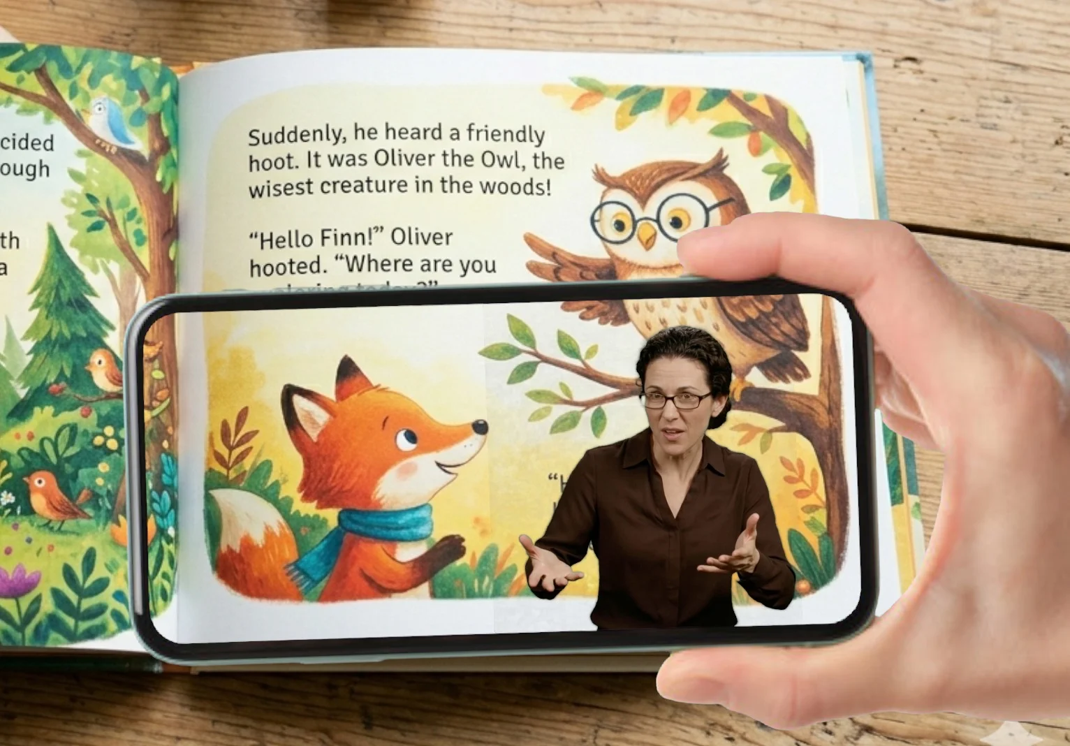 Child reading a book with sign language overlay on smartphone