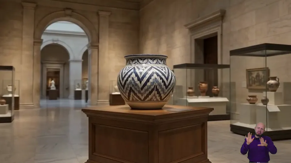 Ilustración: video de una sala de museo con una persona que signa en la esquina inferior derecha, a un dieciseisavo de la pantalla. Sus manos y su rostro se ven diminutos.