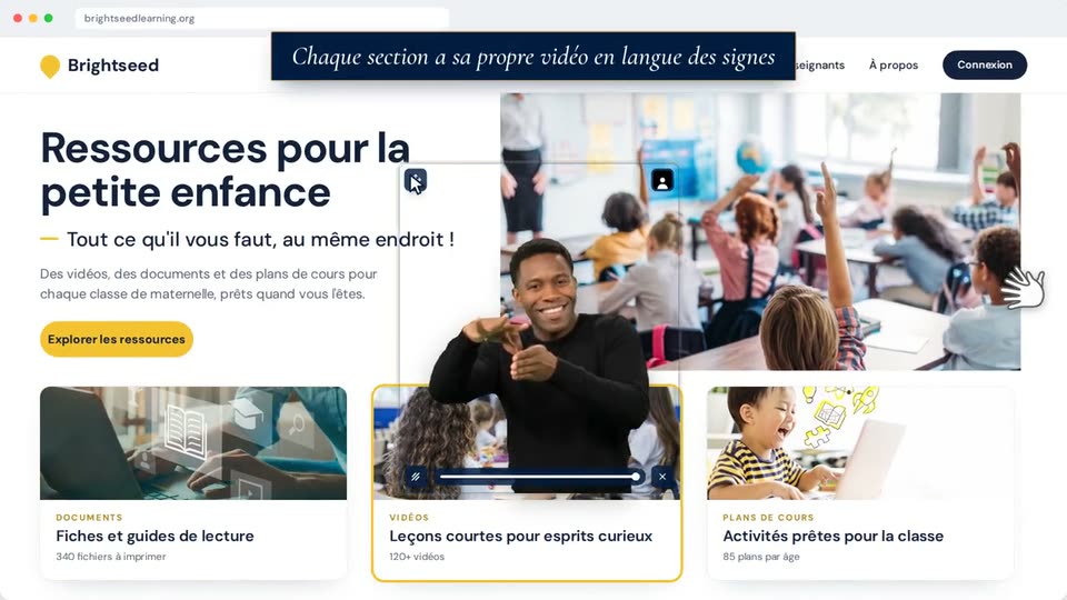 Le même site d’école avec une personne qui signe par-dessus la section Vidéos, dans une fenêtre avec des commandes pour la redimensionner et la fermer.
