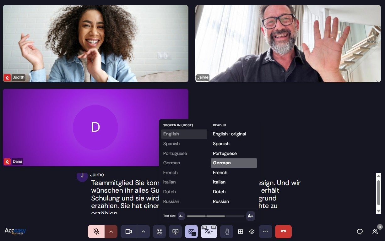 The caption language menu with two columns: 'Spoken in (host)' listing English, Spanish, Portuguese, German, French, Italian, Dutch and Russian with English selected; and 'Read in' with the same languages plus 'English · original', with German selected. A text size control with A-minus and A-plus buttons runs along the bottom.