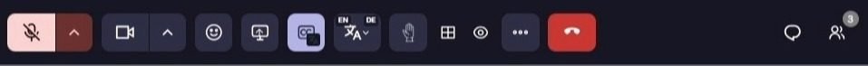 The Acceasy Meet control bar: a muted microphone button in red, a device arrow, camera button and arrow, reactions, screen share, captions, caption language, raise hand, layout, hide cameras-off, more options, and a red hang-up button. At the right, chat and participants buttons with a badge showing 3 participants.