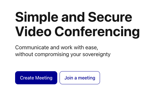 The Acceasy Meet homepage headline 'Simple and Secure Video Conferencing' with two buttons: a blue Create Meeting button and an outlined Join a meeting button.