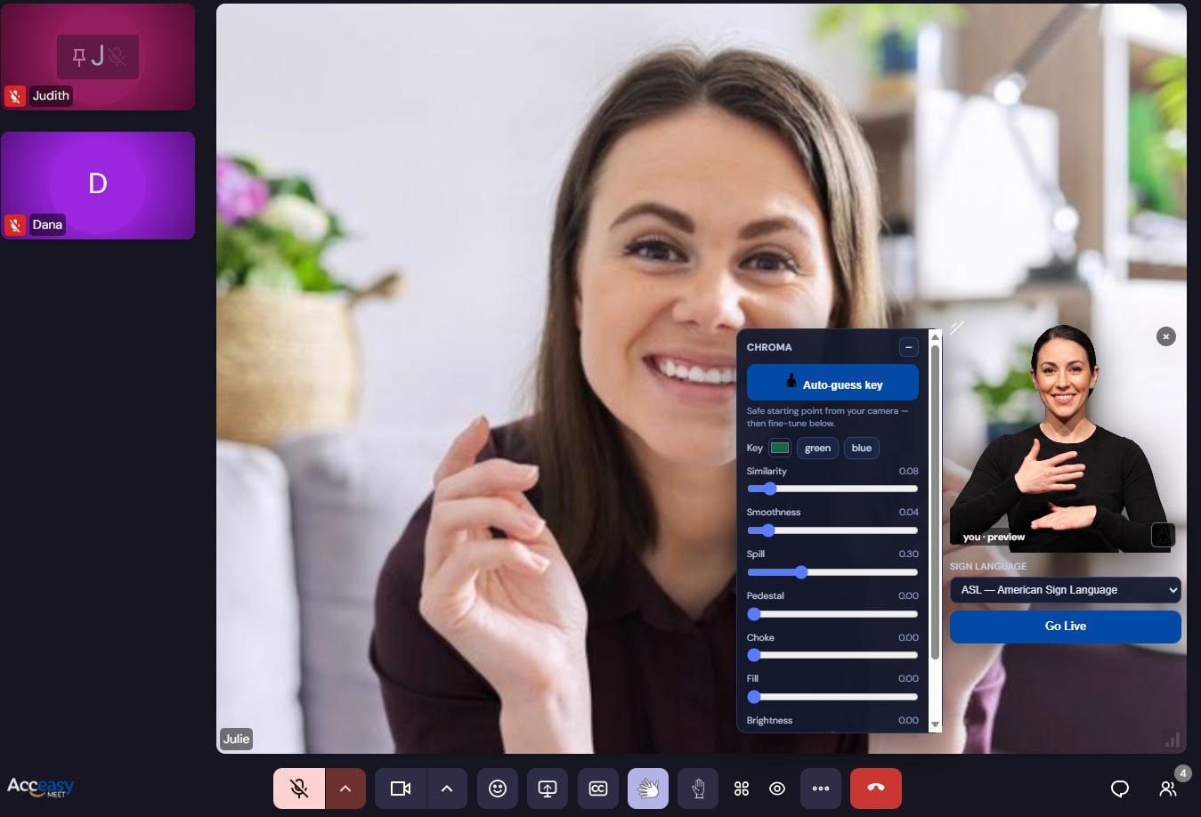 A meeting seen from the interpreter's side. A CHROMA panel is open showing an 'Auto-guess key' button, a key colour swatch with green and blue presets, and sliders for Similarity, Smoothness, Spill, Pedestal, Choke, Fill and Brightness. To its right, the interpreter's own keyed preview is labelled 'you · preview', with a SIGN LANGUAGE dropdown set to 'ASL — American Sign Language' and a blue Go Live button beneath it.