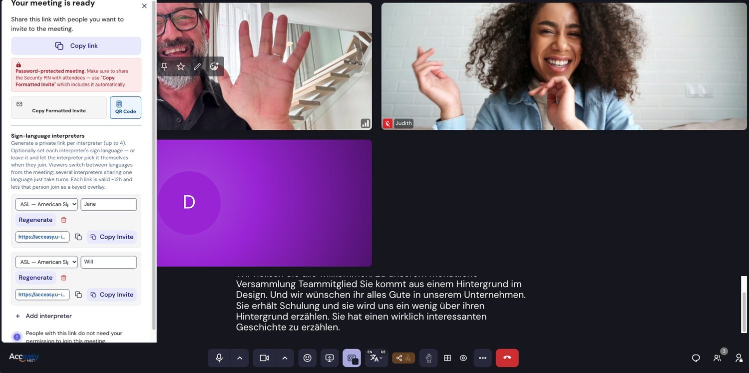 The 'Your meeting is ready' panel open inside a live meeting. It shows a Copy link button, a red password-protected warning, Copy Formatted Invite and QR Code buttons, and a Sign-language interpreters section with two generated interpreter links, each with a language dropdown, a name, a Regenerate button, the link in a copyable field and a Copy Invite button.