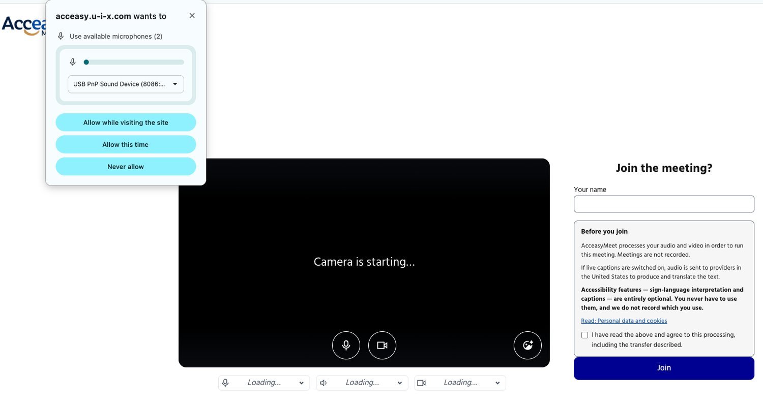 The pre-join screen. On the left a camera preview reading 'Camera is starting…' with microphone, camera and effects buttons beneath it, and device pickers below. On the right a panel headed 'Join the meeting?' with a name field, a 'Before you join' privacy notice, a consent checkbox and a blue Join button. A browser permission prompt for microphone access overlaps the top-left.