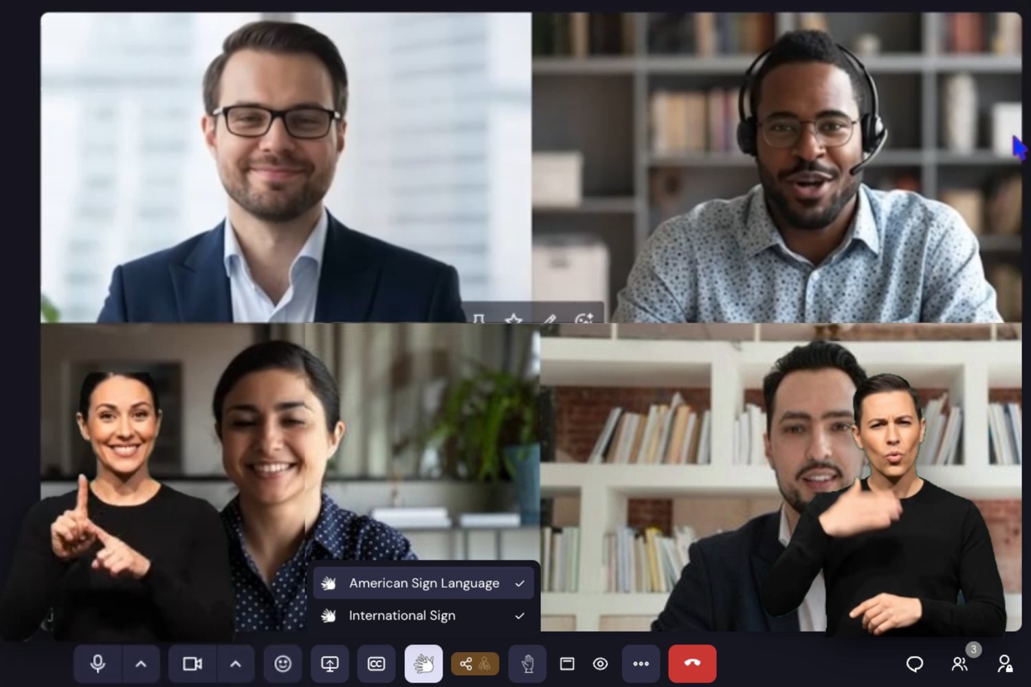 A meeting showing two interpreters at once, with a menu listing American Sign Language and International Sign, each with a checkmark.