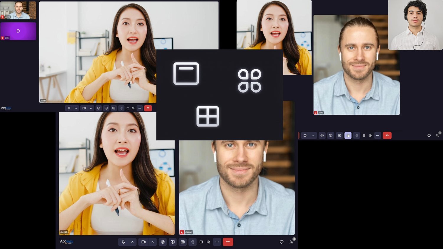 A composite showing the three layout icons — a speaker-view icon, a custom-view icon and a gallery grid icon — over examples of a meeting arranged in each layout.