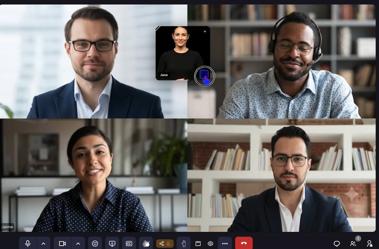 A four-person meeting with a small interpreter overlay positioned near the top centre of the screen, between two participant tiles.