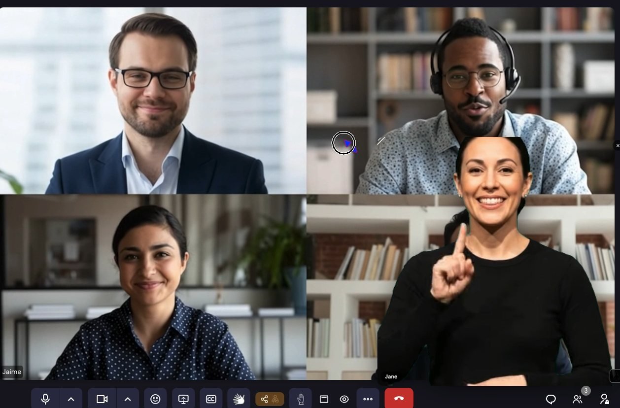 A video meeting with four participants. A sign-language interpreter appears in a large floating window over the lower-right area of the grid, with her background removed so only she is visible.