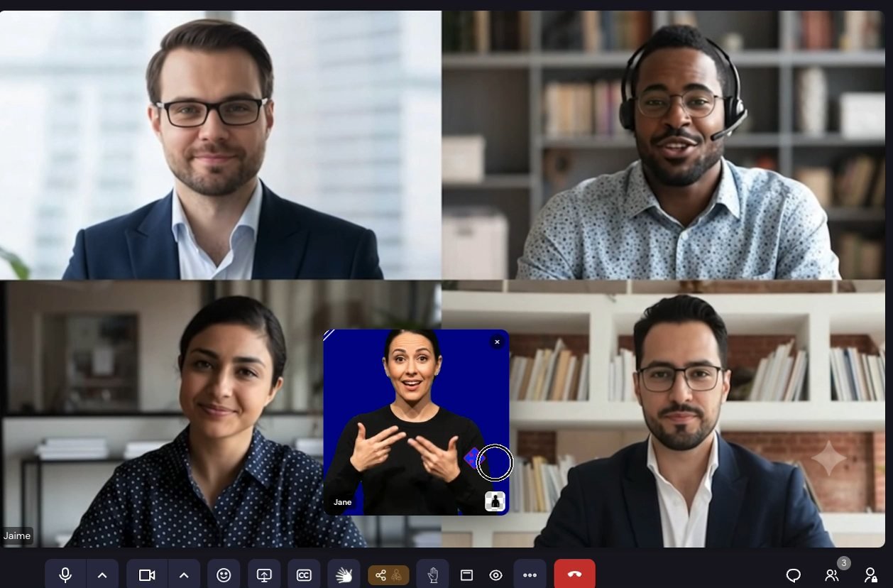 The same meeting with the interpreter overlay showing a solid blue background behind the interpreter instead of a transparent one.
