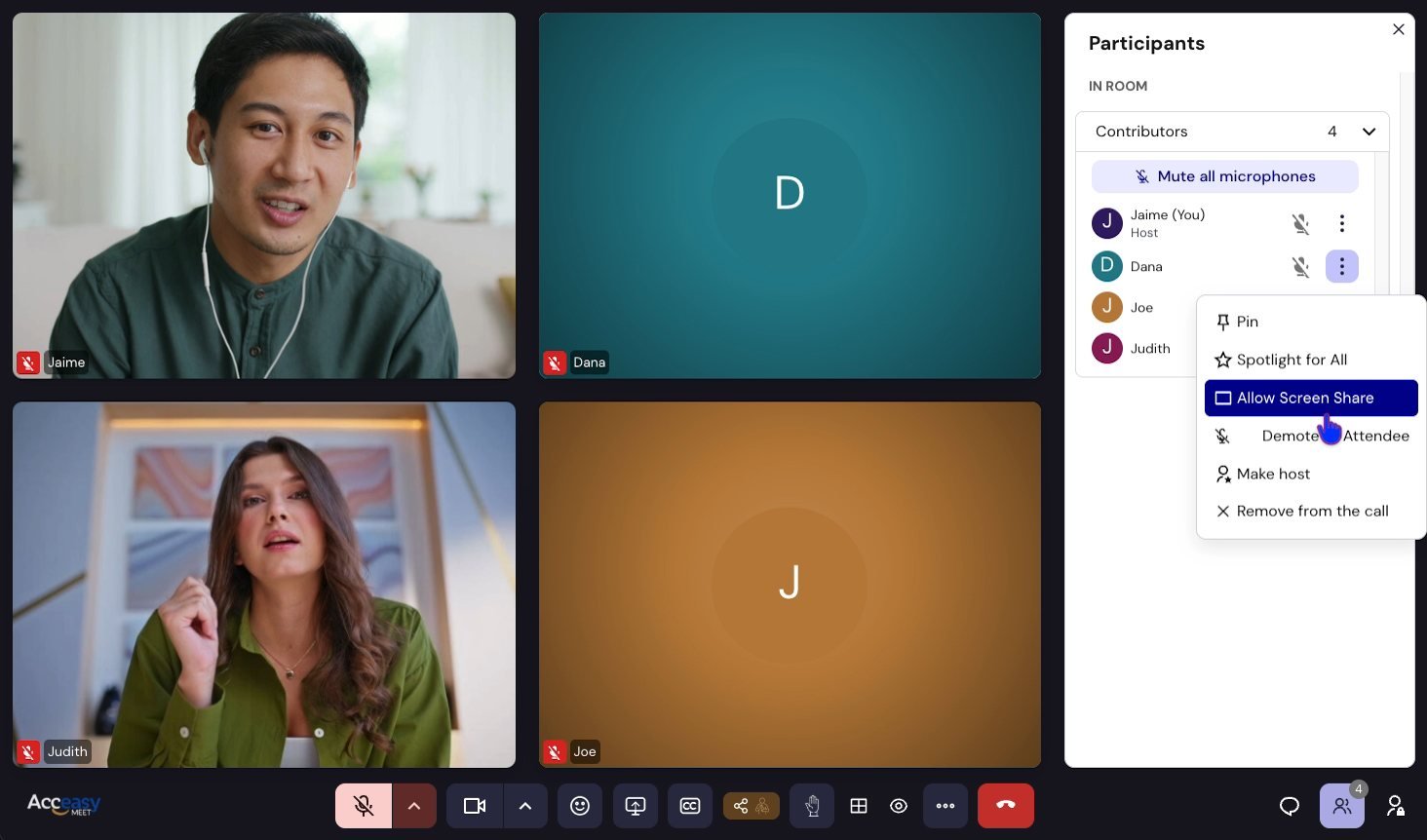 A meeting with four participants and the Participants panel open on the right. One participant's menu is open, showing Pin, Spotlight for All, Allow Screen Share, Demote to Attendee, Make host, and Remove from the call. Above the list is a 'Mute all microphones' button.