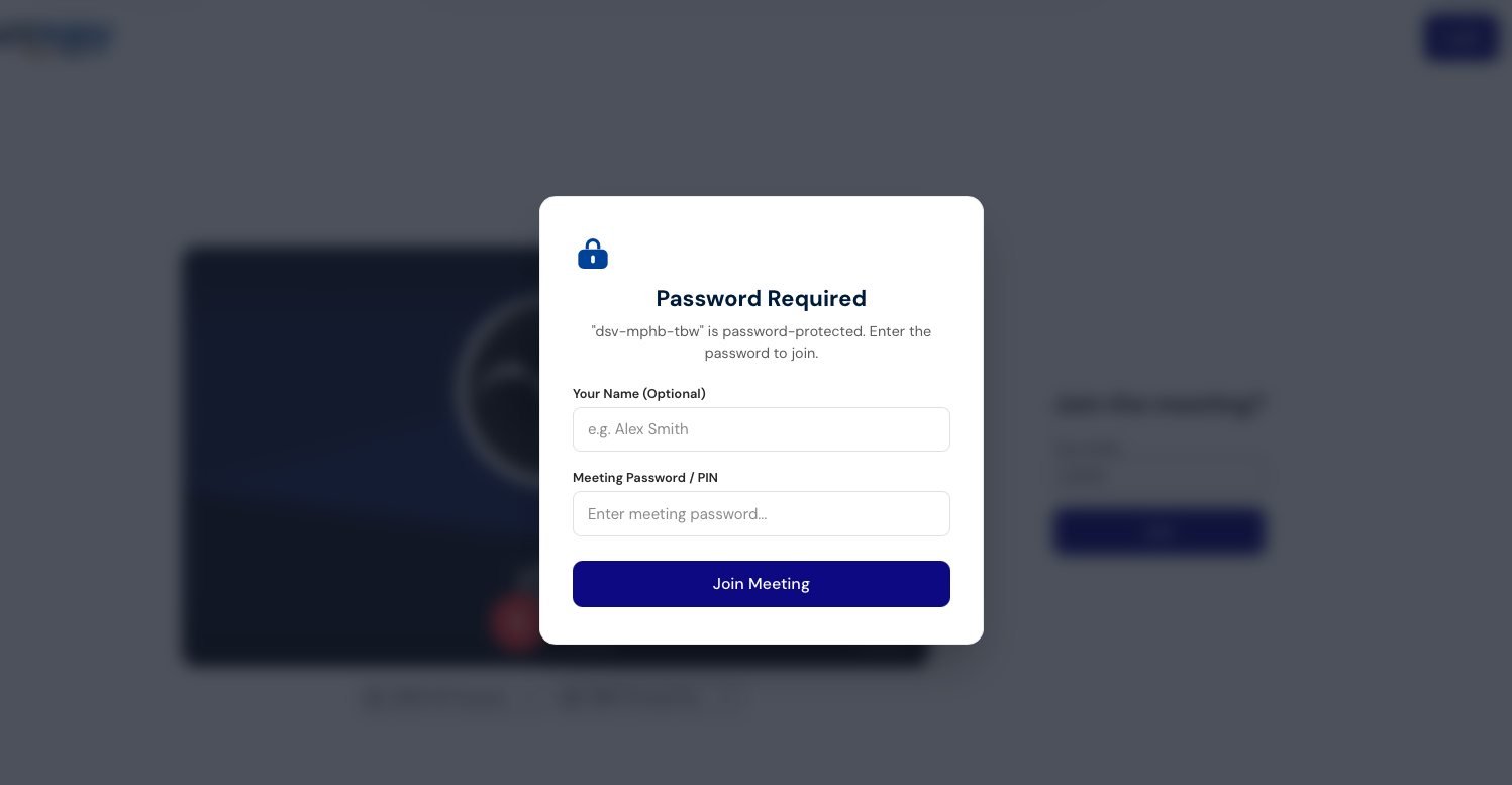 A dialog headed 'Password Required' with a padlock icon, explaining that the named meeting is password-protected, a name field, a 'Meeting Password / PIN' field, and a blue Join Meeting button.