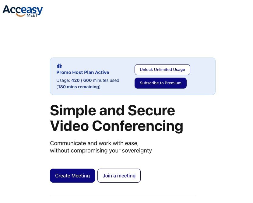 The home page with a banner reading 'Promo Host Plan Active — Usage: 420 / 600 minutes used (180 mins remaining)' alongside 'Unlock Unlimited Usage' and 'Subscribe to Premium' buttons.